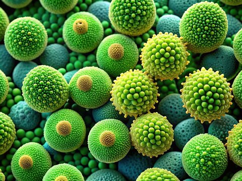 Colored scanning electron micrograph of Volvox colonial green algae, spherical colonies of flagellated cells, exhibiting intricate details and patterns under high magnification.
