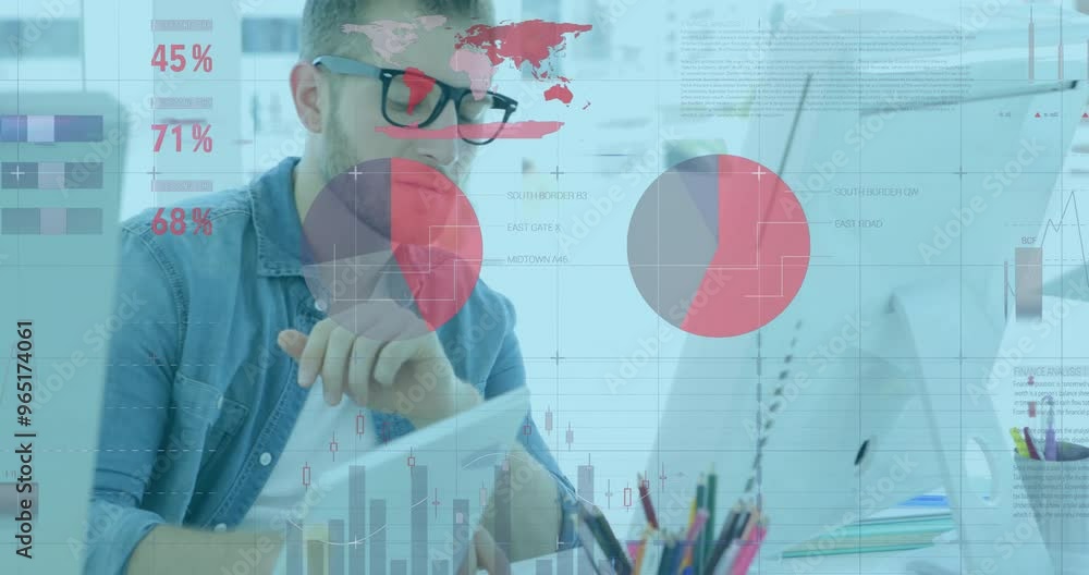 Poster animation of financial data processing over caucasian businessman using computer