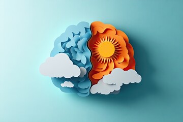 Mind Balance: Conceptual Paper Cut Brain with Storm Clouds and Sunshine, Mental Health Symbol