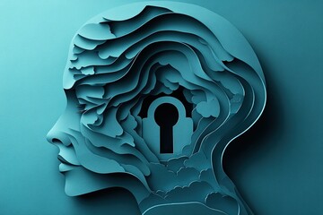 Unlocking Mental Health Solutions - Paper Cut Style Head with Lock and Key Turning Concept
