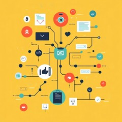 Abstract Network Connection Concept    Connecting Icons and Symbols on a Yellow Background