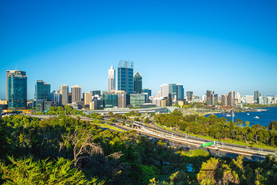 Perth CBD skyline, view over Kings Park and Botanic Garden in western Australia