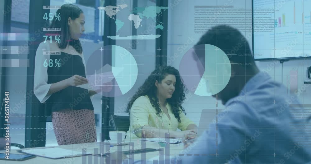 Poster animation of financial data processing over diverse colleagues discussing work in office