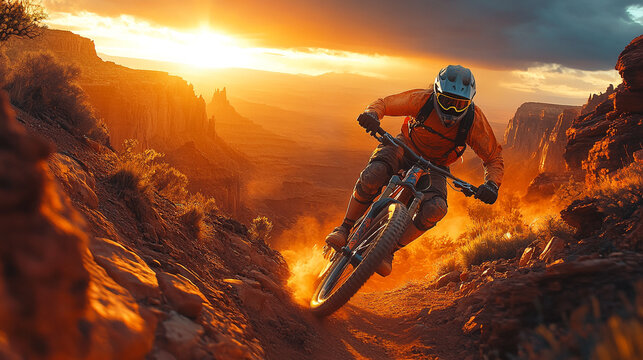 A mountain biker descends a rugged trail at sunset, showcasing adrenaline and adventure in a picturesque landscape.