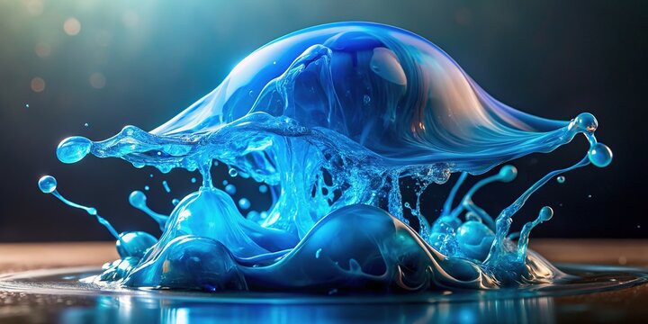 Colorful, translucent, and gelatinous, a delicate blob of bright blue goo suspended in mid-air, shimmering with subtle highlights and mesmerizing fluid dynamics.