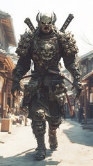 Naklejka premium A samurai wearing menacing armor made from oni material, with a helmet, walking through an Edo period town during bright daylight