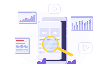 Ads Analysis Concept: A detailed evaluation of commercial advertisements. Features an illustration of an ad analyst assessing the performance of an advertising campaign. 