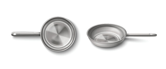Grey clear new steel frying pan top and side view. Realistic 3d vector illustration set of empty kitchen cooking stainless utensil mockup. Metal cookware with handle. Aluminum skillet layout.