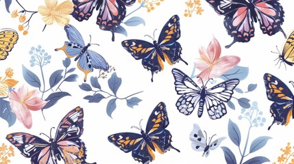 Seamless wallpaper design featuring delicate butterflies on a white background, ideal for crafts, scrapbooks, and artistic projects - elegant floral and butterfly patterns for decorative use