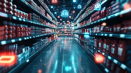 A futuristic supermarket aisle glowing with neon lights and digital shopping icons, representing modern consumerism and high-tech retail.