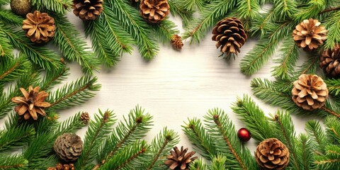 Naklejka premium Pine branches with cones creating a festive background, pine, branches, cones, holiday, Christmas, decoration, green