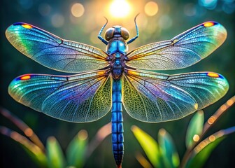 Delicate, intricately veined wings of a iridescent blue dragonfly glisten in sunlight, showcasing nature's masterpiece of evolutionary engineering and mesmerizing beauty.