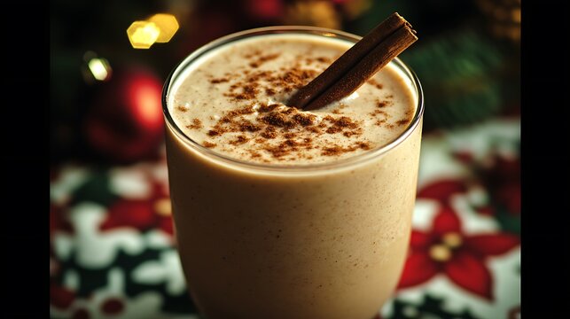 A close-up of a frothy glass of coquito with a cinnamon stick and a sprinkle of nutmeg, placed on a holiday-themed tablecloth with Christmas decorations in the background. Warm tones,