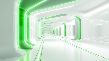 Abstract green neon lighting in a modern white hallway.