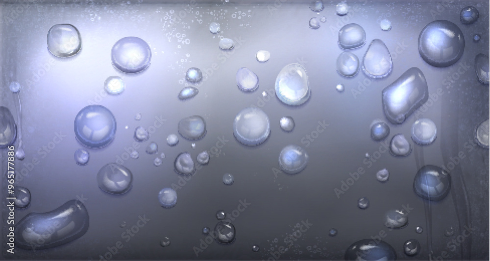 Poster rain water drop on glass surface. realistic 3d vector background of window with droplet and steam te