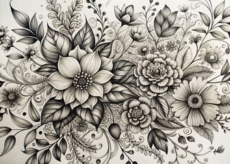 Detailed Floral Drawing In Black Ink On White Paper, Featuring Intricate Blooms, Foliage, And Tendrils.