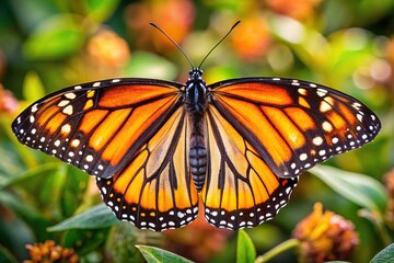 Fototapeta premium Delicate wings of a monarch butterfly showcase intricate patterns of orange, black, and white scales, forming a mesmerizing mosaic of natural beauty and symmetry.