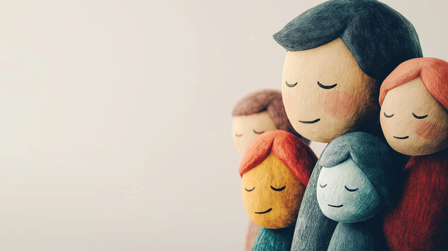 A group of diverse figures stands close together, each with eyes closed in a moment of shared understanding and support, fostering a sense of community, copy space