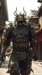 Fototapeta premium A samurai wearing menacing armor made from oni material, with a helmet, walking through an Edo period town during bright daylight