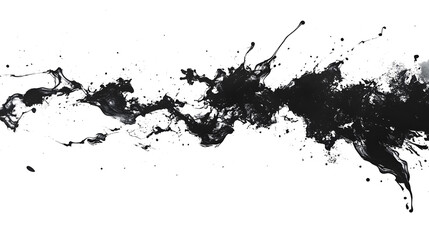 An abstract black ink splatter spreading across transparent background, creating a bold, chaotic visual impact. The high-contrast design evokes a sense of spontaneity and energy.