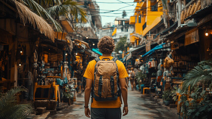 Fototapeta premium A traveler with a backpack walks through a vibrant market filled with colorful stalls and lush greenery, exploring new cultures.