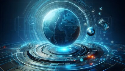 Fototapeta premium Creative bright blue tech wallpaper with linear circle. Innovation and technology concept. 3D Rendering.