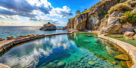 Thermal pool with natural rock surroundings on Ischia island, Ischia, Italy, thermal pool, hot springs, relaxation