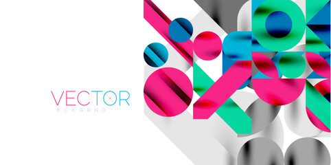 Colorful simple dynamic geometric forms circles lines and round shapes. Mosaic techno art concept. Vector Illustration For Wallpaper, Banner, Background, Card, Book Illustration, landing page