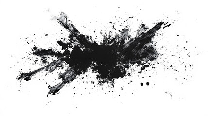 An abstract black ink splatter spreading across transparent background, creating a bold, chaotic visual impact. The high-contrast design evokes a sense of spontaneity and energy.
