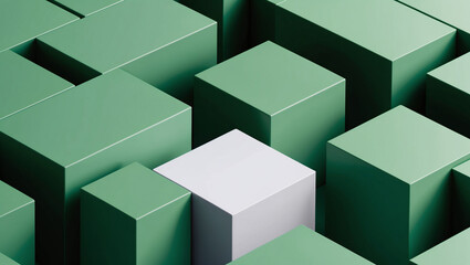 Obraz premium 3D Geometric Design of Green Cube Shape on the Ground with One White Unique Cube Contrasting with the Surrounding Green Cubes. Generative AI Technology