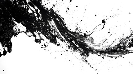 An abstract black ink splatter spreading across transparent background, creating a bold, chaotic visual impact. The high-contrast design evokes a sense of spontaneity and energy.