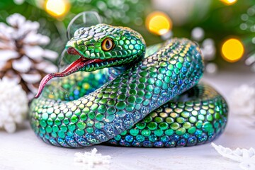 Fototapeta premium A coiled green snake with bright scales and an open mouth. Glasses are placed on the snakes eyes. Bokeh lights are visible in the background.
