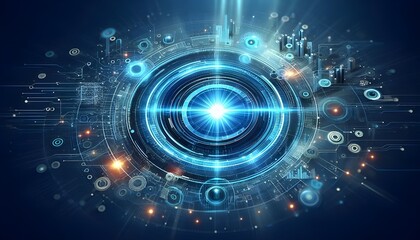 Obraz premium Creative bright blue tech wallpaper with linear circle. Innovation and technology concept. 3D Rendering.