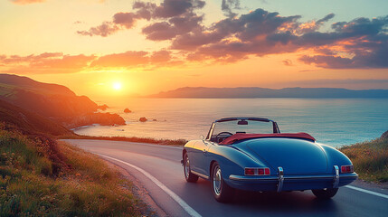 A vintage blue convertible car drives along a coastal road at sunset, capturing the beauty of nature and freedom.