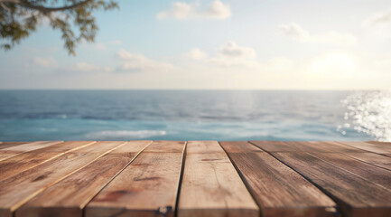 Fototapeta premium Wooden table top with blurred background of sea and sky, summer vacation concept., wooden pier and sea, wooden pier on the beach, wooden pier on the sea
