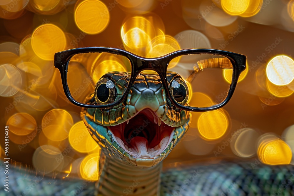 Wall mural A close up of a green snake with its mouth open, wearing glasses against a warm bokeh light background. The snakes playful expression adds a humorous touch