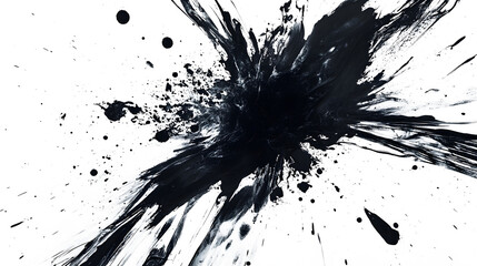 An abstract black ink splatter spreading across transparent background, creating a bold, chaotic visual impact. The high-contrast design evokes a sense of spontaneity and energy.