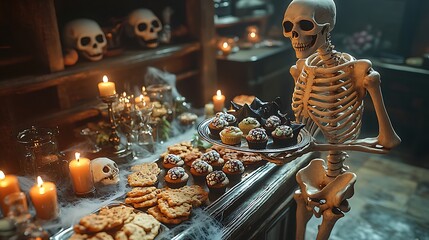 Obraz premium A detailed skeleton standing at a buffet, holding a silver platter of spooky hors d'oeuvres like bat-shaped cookies and brain cupcakes. The table is covered with cobwebs, skulls,