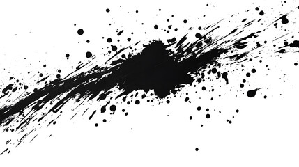 An abstract black ink splatter spreading across transparent background, creating a bold, chaotic visual impact. The high-contrast design evokes a sense of spontaneity and energy.