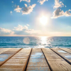 Fototapeta premium Wooden table top with blurred background of sea and sky, summer vacation concept., wooden pier and sea, wooden pier on the beach, wooden pier on the sea