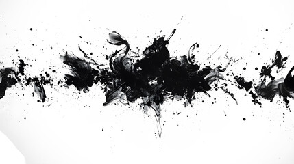 An abstract black ink splatter spreading across transparent background, creating a bold, chaotic visual impact. The high-contrast design evokes a sense of spontaneity and energy.