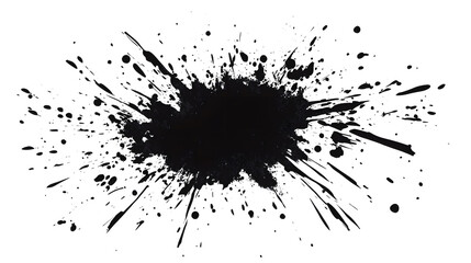 An abstract black ink splatter spreading across transparent background, creating a bold, chaotic visual impact. The high-contrast design evokes a sense of spontaneity and energy.