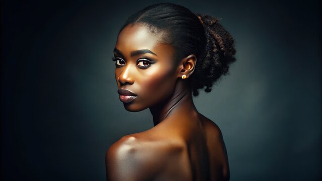 Glamorous African woman posing confidently with her backside facing the camera, emphasizing her natural beauty and flawless skin tone in a dimly lit studio setting.
