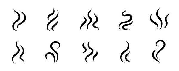 Smoke steam icon vector logo set. Smoke smell, steam aroma heat icon illustration. Hot vapor fire doodle line logo. Hit stink, coffee, fragrance flame elements. Vector illustration.