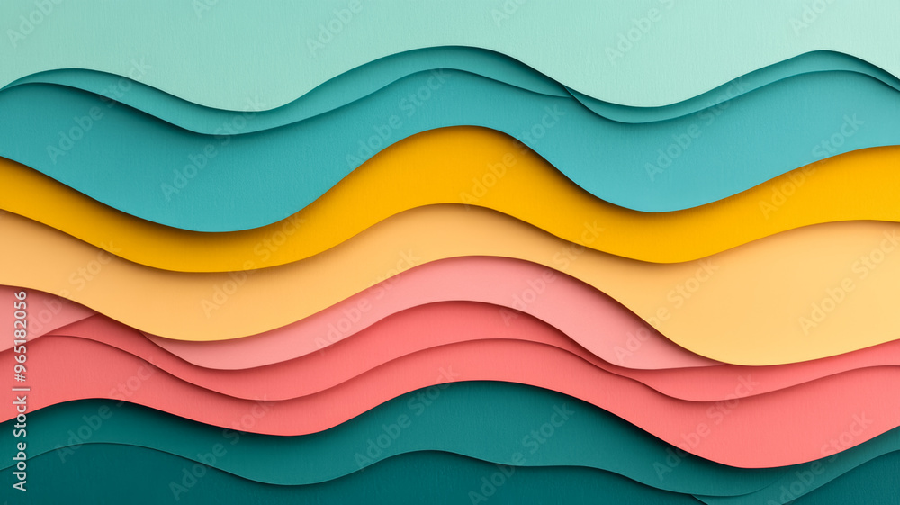Poster abstract background with layered colored paper textures in shades of teal coral and mustard featurin