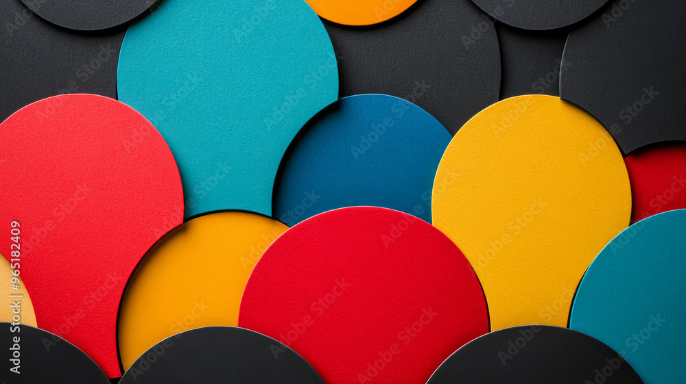 Poster bold geometric shapes in colored paper textures on a deep black background with subtle lines