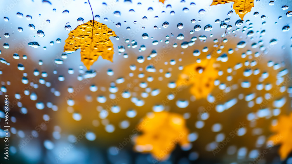 Poster close up of rain droplets on a window with soft focus autumn trees in the background