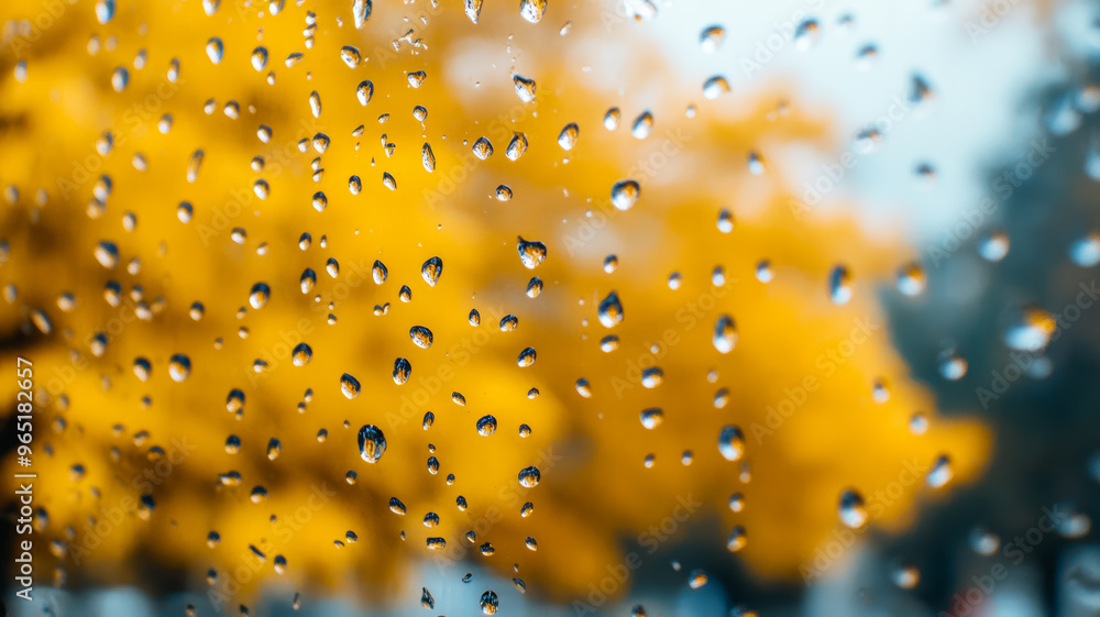 Poster close up of rain droplets on a window with soft focus autumn trees in the background