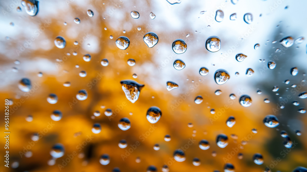 Poster close up of rain droplets on a window with soft focus autumn trees in the background