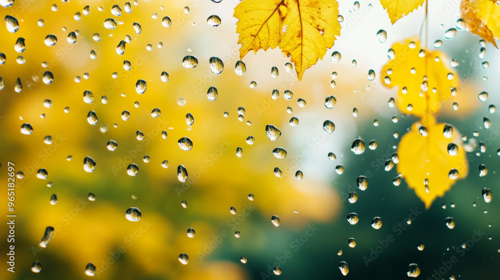 Poster close up of rain droplets on a window with soft focus autumn trees in the background